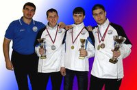 • Евгений Даричев вместе со своими воспитанниками Максимом Купцовым, Михаилом Яновским, Николаем Карповым.
